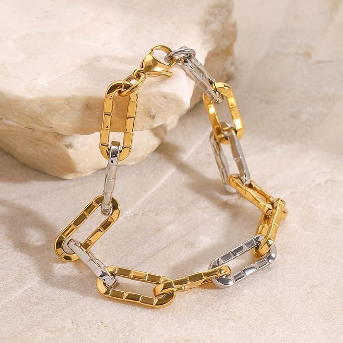 Fashion 18K Gold Stainless Steel Non-Fading Jewelry Gold and Silver Mix-and-Match Two-Tone Chain Women's Bracelet