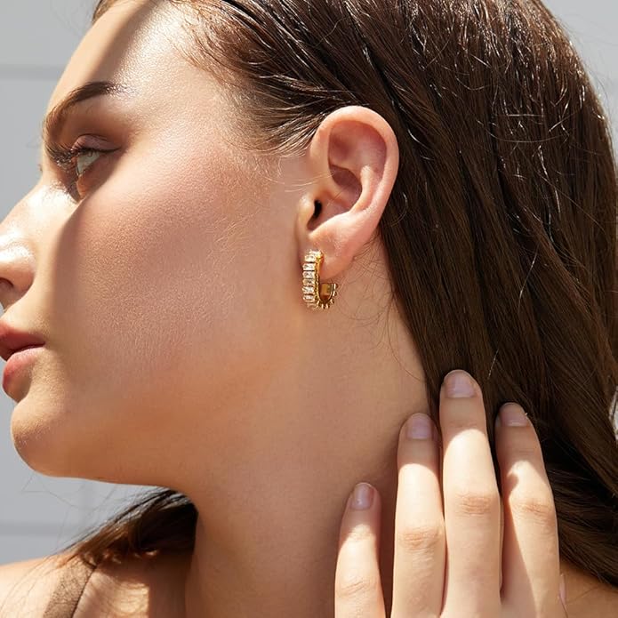 Green Crystal huggie gold hoop earrings for women Girls,14K Gold Plated with 925 Sterling Silver Post color Cubic Zirconia dainty cute Earrings| CZ Stud Earring