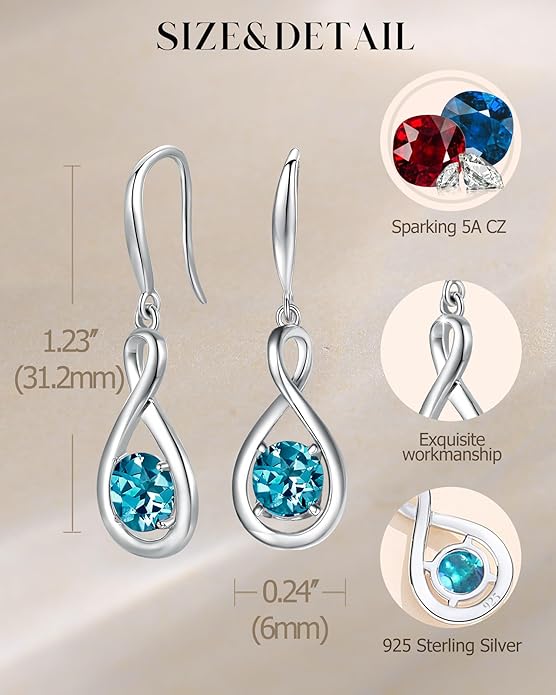 FANCIME Dangle Drop Earrings 925 Sterling Silver Dainty Infinity Round Gemstone Birthstone Jewelry Birthday Gifts for Her Women