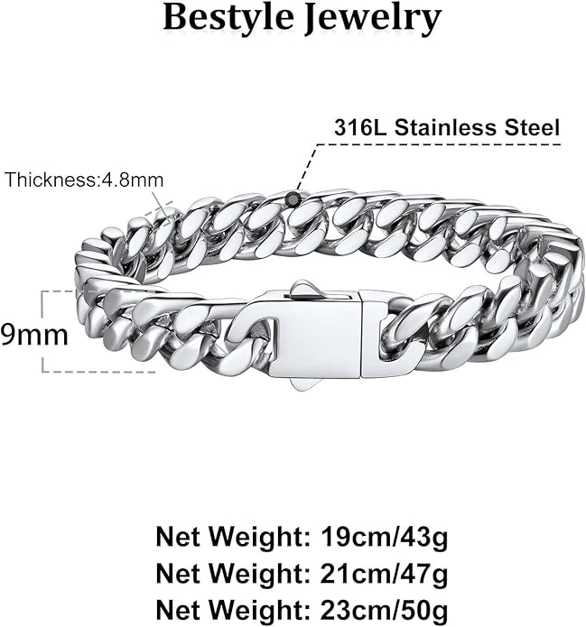 Bestyle Thick Mens Cuban Link Chain Bracelets, Durable Real 18K Gold/Black Metal Plated Solid Stainless Steel Hand Chain Cuban Bracelets for Men, Silver Black Gold Bracelets for Father Husband