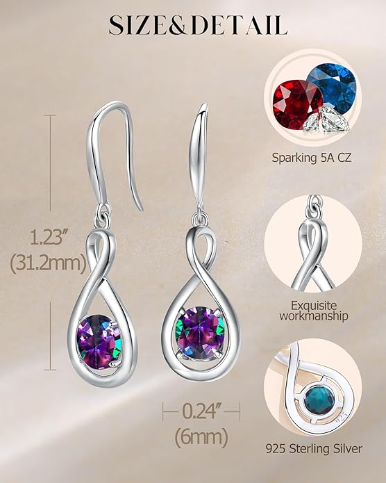 FANCIME Dangle Drop Earrings 925 Sterling Silver Dainty Infinity Round Gemstone Birthstone Jewelry Birthday Gifts for Her Women