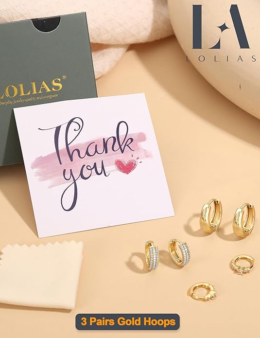 LOLIAS Small 14K Gold Plated Chunky Hoop Earrings for Women Hypoallergenic Silver Earrings Set for Sensitive Ears Non Tarnish Huggie Hoops Earring Stacks for Multiple Piercing Jewelry Lightweight 3Pairs
