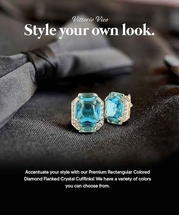 Rectangular Colored Diamond-Flanked Crystal Cuff Links – Tuxedo Suit Accessories, Cufflinks for Men