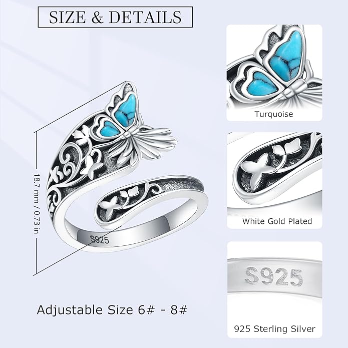S925-Sterling-Silver Abalone Dragonfly-Turquoise Spoon Ring - Vintage Boho Sunflower Thumb Oxidized Wrap Rings Victorian Style Antique Floral Jewelry Gifts for Women