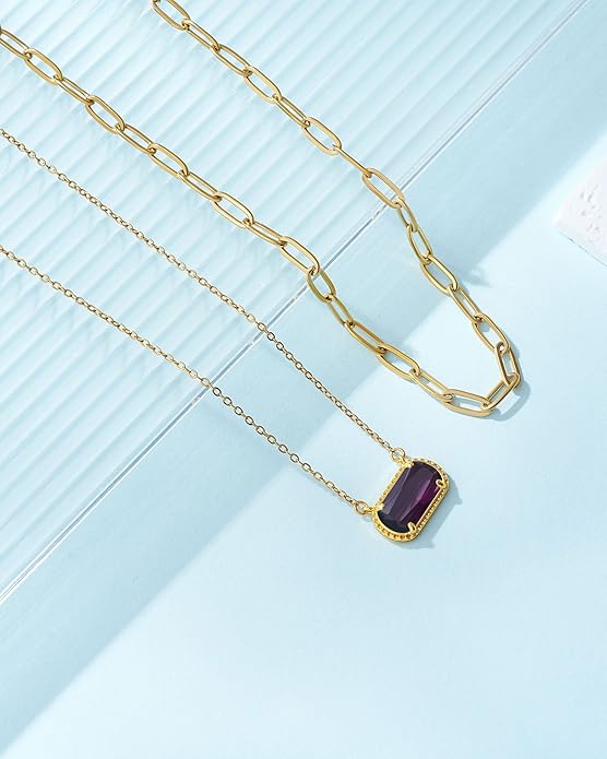 Lourny Gemstone Birthstone Pendant Layered Necklace for Women Trendy, 18K Gold Plated Paperclip Chain Preppy Choker Charm Necklace for Women Wife Jewelry