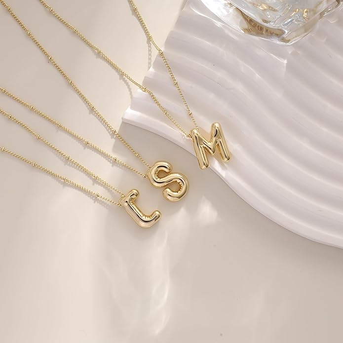 Initial Necklaces for Women, 14k Gold Plated Bubble Letter Necklace Chunky Gold Necklace Dainty Charm Initial Necklaces for Women Trendy Custom Preppy Stocking Stuff Necklace Christmas Gifts