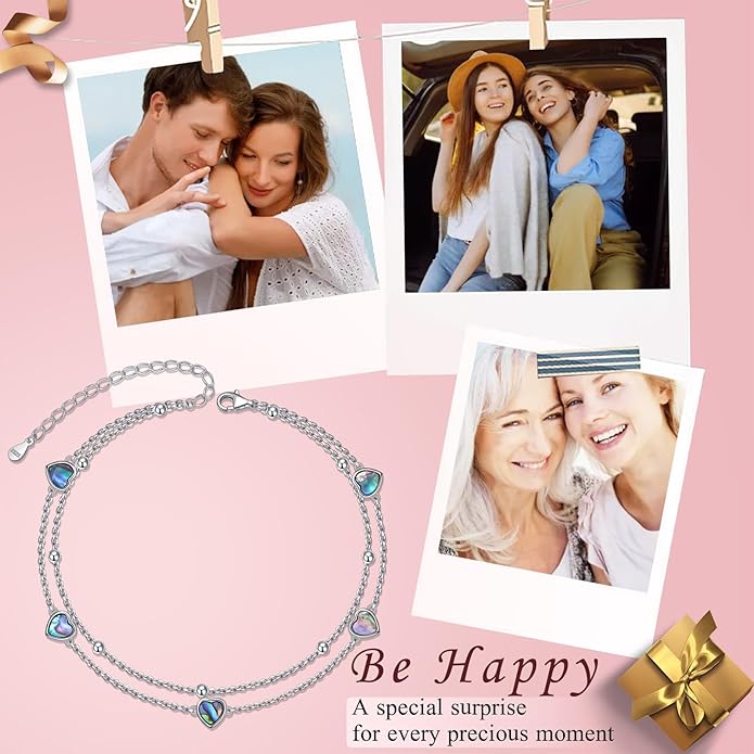 FLYOW Anklet for Women S925 Sterling Silver Adjustable Foot Beaded Heart Charm Ankle Bracelet Anklets Jewelry