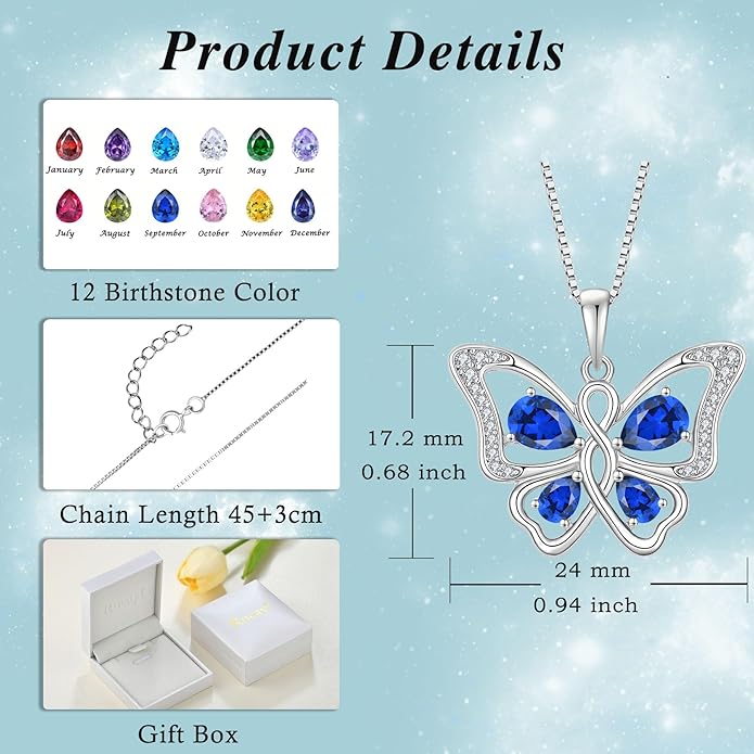 Butterfly Necklace 925 Sterling Silver Cubic Zirconia Birthstone Jewelry Gifts for Women Wife Mother