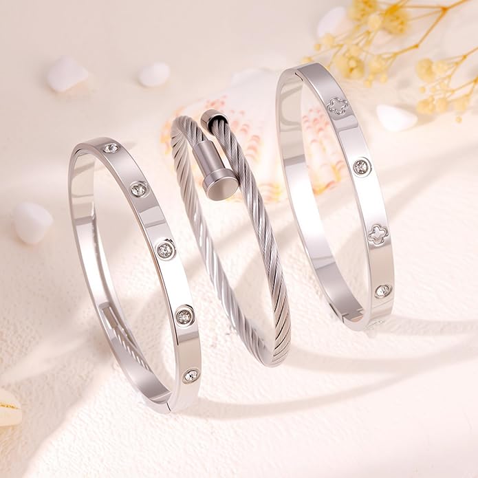 Gold Bracelets for Women - Stackable Bangles with Friendship & Love Theme - Stainless Steel Jewelry Gift for Her