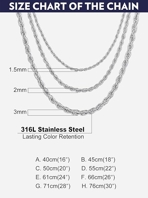 Bandmax Solid 1.5mm/2mm/3mm/6mm Rope Chains for Men Women 14K Gold Plated/Black Plated Stainless Steel Twist Chain 16-30 Inches, with Gift Box
