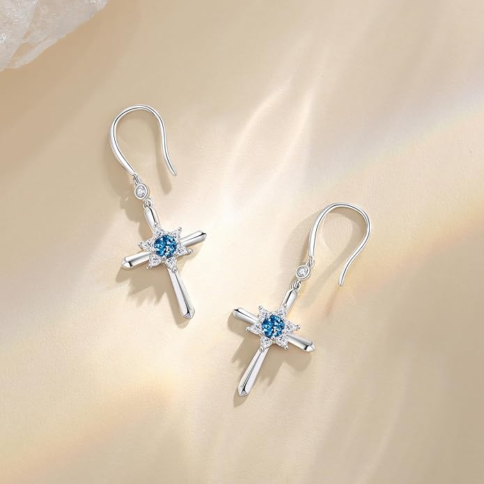 FANCIME Cross Dangle Drop Earrings 925 Sterling Silver Dainty Round Birthstone Earring Fine Jewelry Birthday Gifts for Her Women