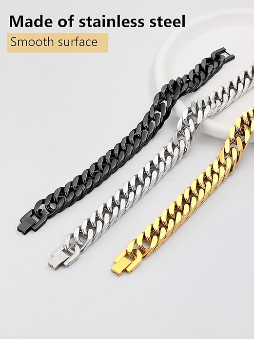 8/12/17mm Wide Cuban Link Bracelet for Men Father Gift 18K Gold/Black Plated Stainless Steel Bracelets 7.4-9 Inches(Gift Wrapped)