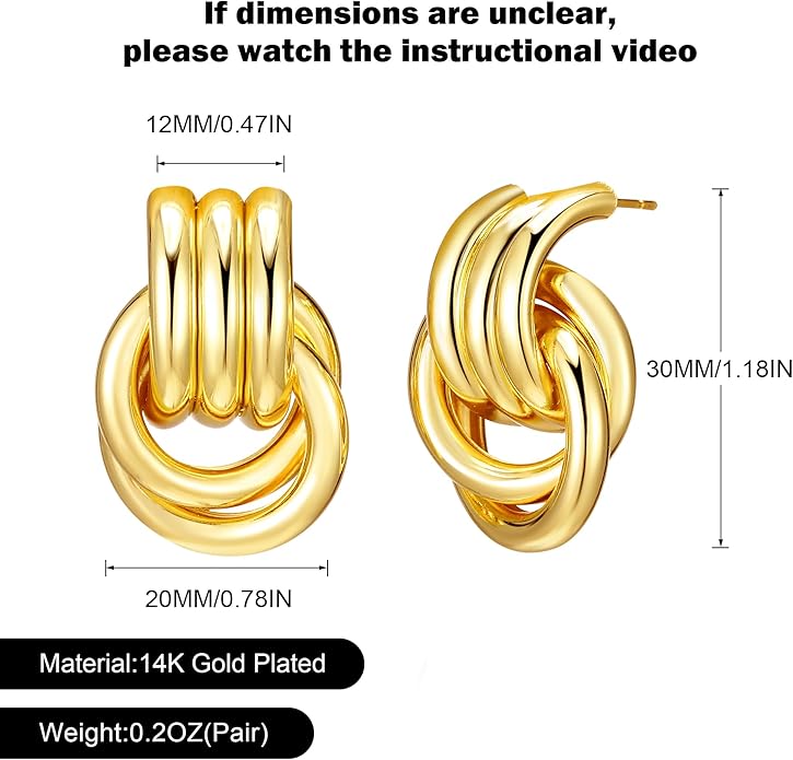 Chunky Gold Geometric Earrings for Women, Lightweight Gold Knot Dangle Drop Statement Dupes Long Link Earrings, Hypoallergenic Gold Plated Vintage Earrings Jewelry Trendy for Women