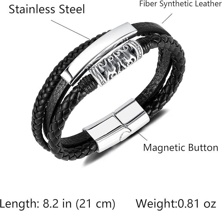Italian Handmade Genuine Leather Bracelets for Men Stainless Steel Clip, Men's Casual Genuine Multi-layer Cuff Bracelet, Bracelet Gift for Real Men