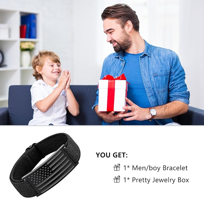 LDOWWGL Valentines Day Gifts - Patriotic American Flag Bracelet for Men - Military Adjustable Black Elastic Strap with Bible Verse - Veteran Gifts, Birthday Gift for Boys
