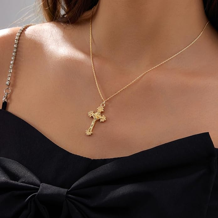 Partm Gold Cross Necklace for Women 14K Plated Dainty Pendant Cross Chain Faith Crucifix Choker Baptism Necklace for Women Trendy Religious Jewelry Hypoallergenic