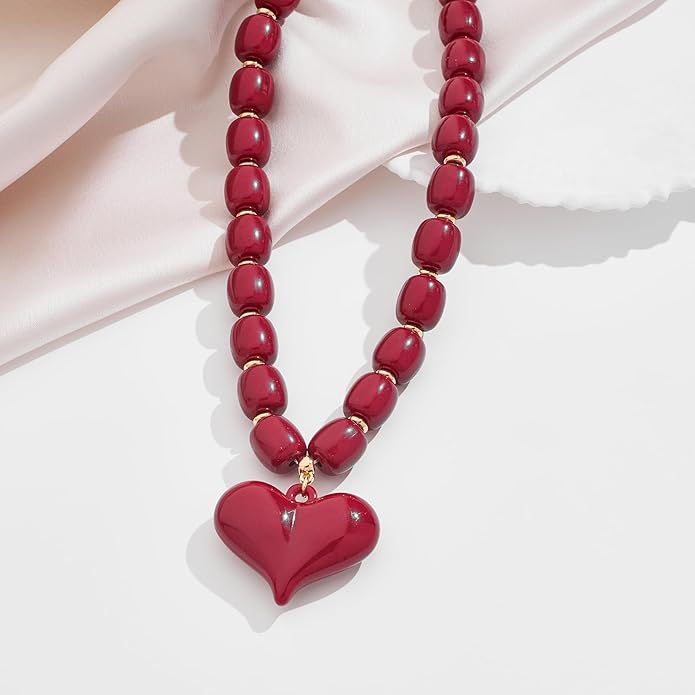 YUJIE Chunky Heart Penadnt Necklace for Women- Exaggerated Statement Puff Heart Necklace with Acrylic Beaded Chain