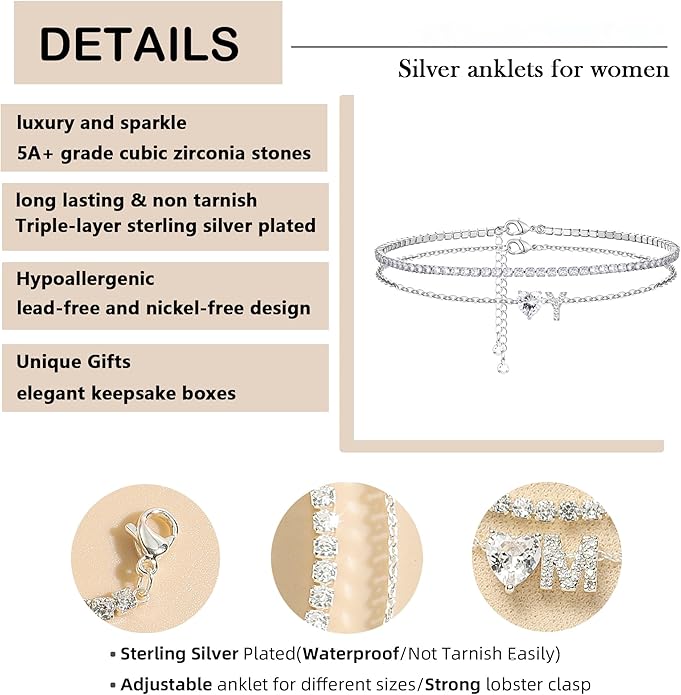 Heart Initial Silver Anklets for Women Waterproof Dainty Silver Plated ankle bracelets for women Large Ankle Women's Anklets Tennis ankle bracelets Non Tarnish Summer Beach Foot Jewelry