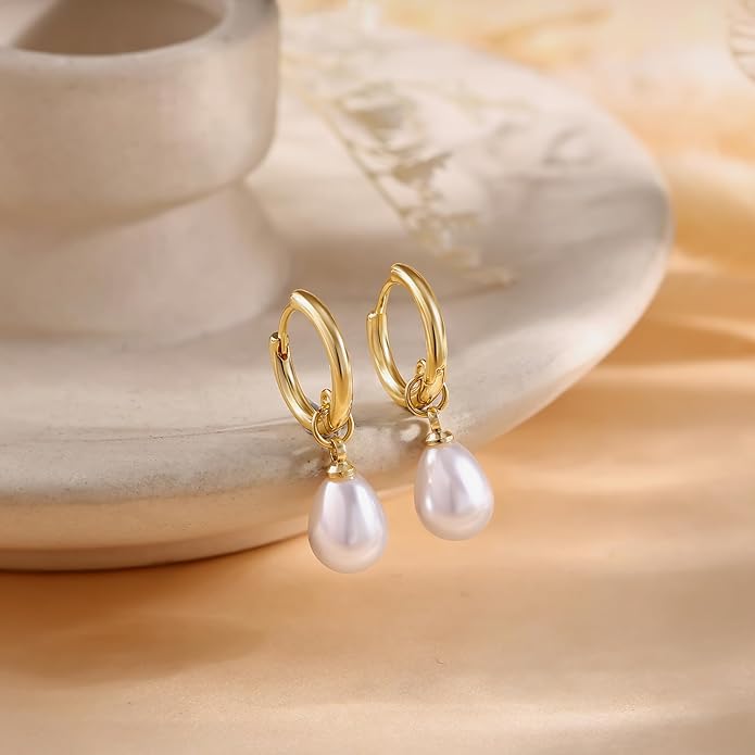 14K Gold Plated Pearl Dangle Earrings for Women, Small Pearl Drop Huggie Hoop Earrings, Hypoallergenic Dainty Gold Wedding Earrings Jewelry Gifts for Women Trendy