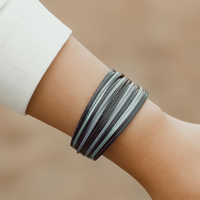 FANCY SHINY Boho Leather Wrap Bracelet Stackable Layered Bangle Cuff with Magnetic Clasp