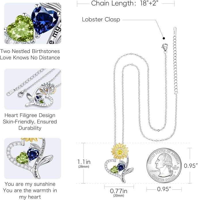 PERJI Valentine's Day Gifts for Women - 925 Sterling Silver Double Birthstone Sunflower Necklace, Anniversary Birthday Jewelry You are My Sunshine Gifts for Wife Couple Girlfriend 18"+2" Non Tarnish