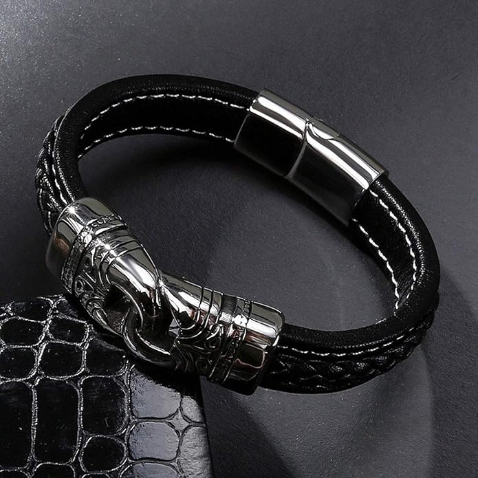 Mens Leather Bracelet,Braided Leather Wristband Cuff Bracelets Stainless Steel Clasp,Jewellery Gift for Men