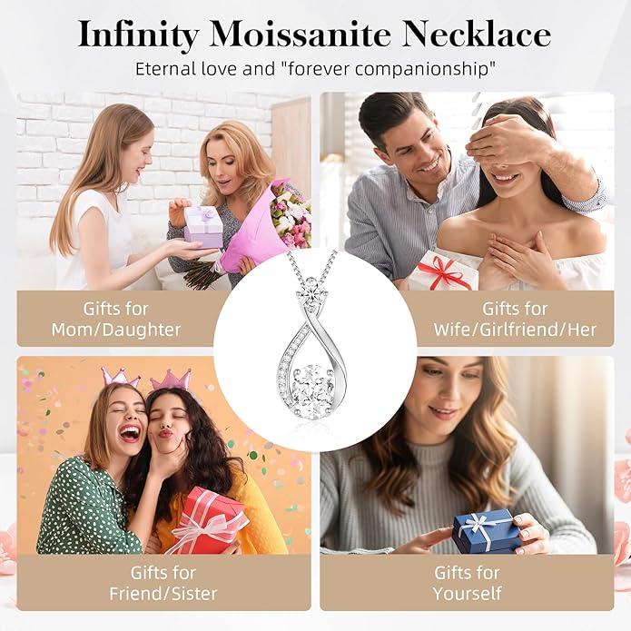 geweio 1.5CT Moissanite Infinity Pendant Necklace in Gift Box|Anniversary Wedding Gifts for Women Wife Her|S925 Sterling Silver 18K White Gold/Gold Filled|Jewelry for Birthday Christmas Valentines Day