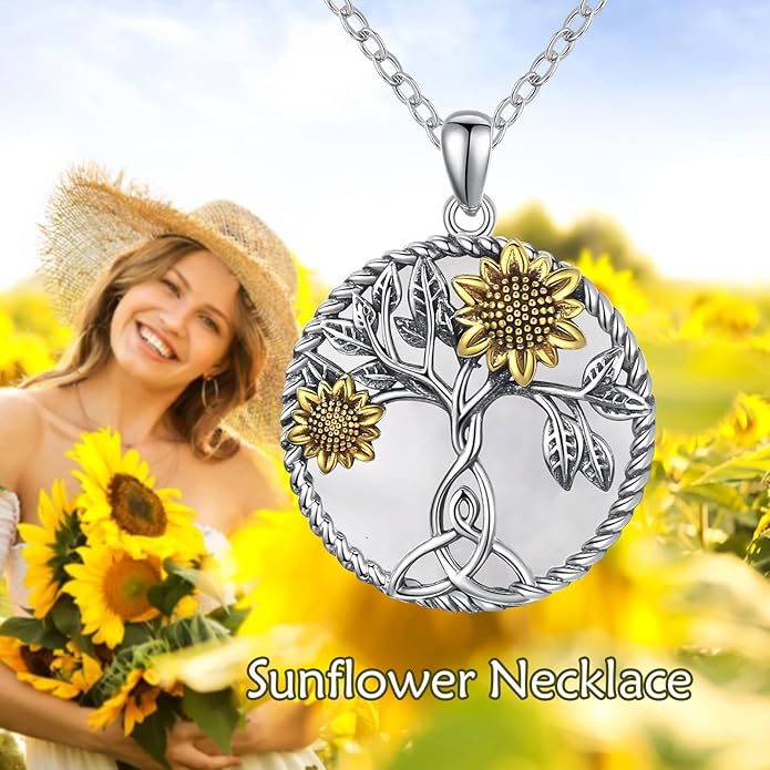 CHENGHONG Sunflower Necklace 925 Sterling Silver Tree of Life Necklace Daisy/Rose/Sunflower Pendant Necklace Sunflower Jewelry Gifts for Women Mom