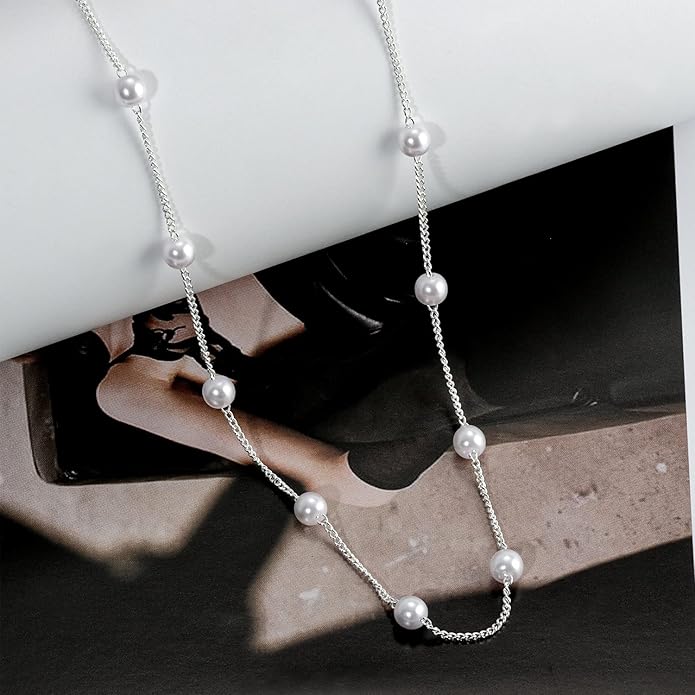 Gold Pearl Necklace for Women, 14K Gold Plated Layered Pearl Necklaces for Women Trendy Simple Herringbone Chain Pearl Necklace for Women Gold Jewelry Gifts