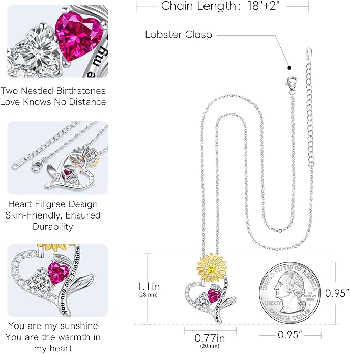 PERJI Valentine's Day Gifts for Women - 925 Sterling Silver Double Birthstone Sunflower Necklace, Anniversary Birthday Jewelry You are My Sunshine Gifts for Wife Couple Girlfriend 18"+2" Non Tarnish