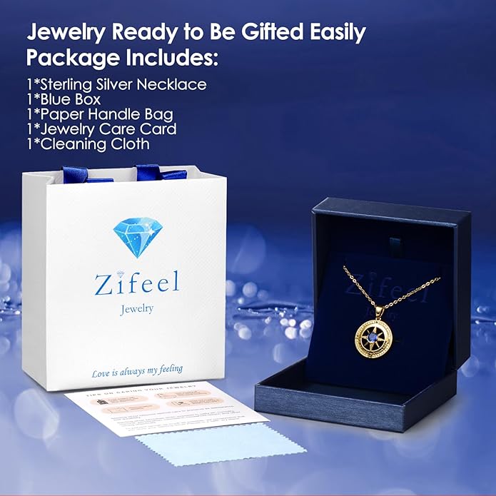 Zifeel Compass Necklace Gifts for Women wife - S925 Sterling Silver Birthstone Necklaces for Women - Anniversary Birthday Gifts for Her Wife Girlfriend - Valentines Mom Mothers Day Christmas Gifts Jewelry for Women