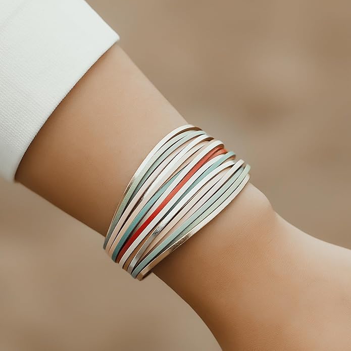 FANCY SHINY Boho Leather Wrap Bracelet Stackable Layered Bangle Cuff with Magnetic Clasp