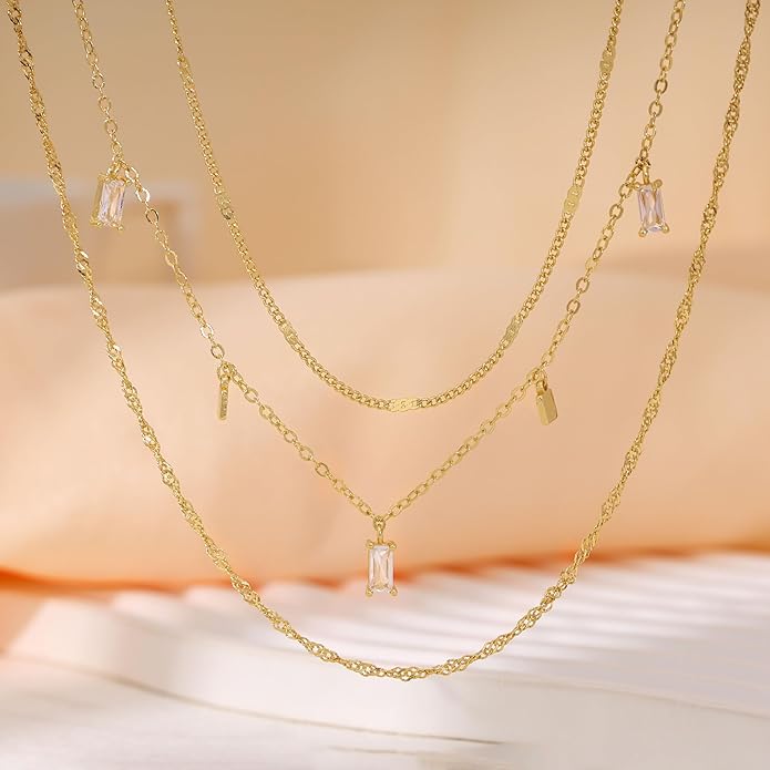Layered Necklaces for Women, Dainty Gold Necklace Stack 14k Gold Plated Layering Cubic Zirconia Choker Necklaces for Women Trendy Simple Layered Gold Necklace Set Fashion Jewelry