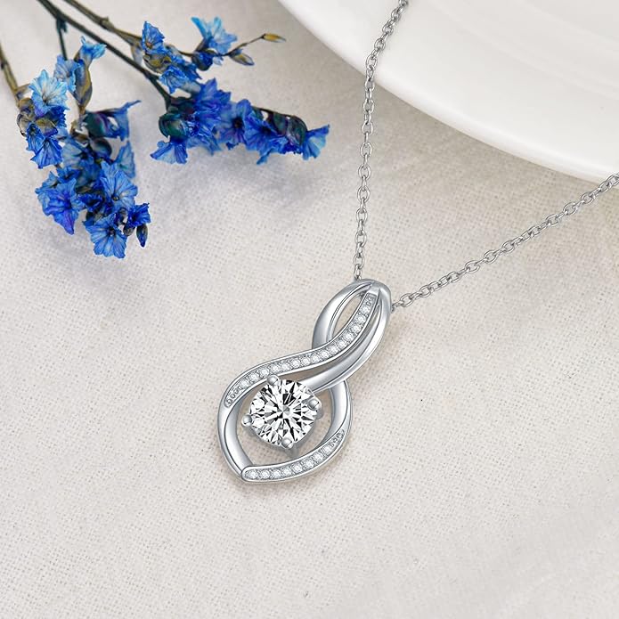 ZBA Natural Diamond Infinity Necklace for Women, 14K White Gold Plated Sterling Silver Diamond Eternal inifnity Pendant Necklaces Jewelry, Birthday Christmas Gifts for Mom Her Wife(Color F-G/Clarity I1-I2)