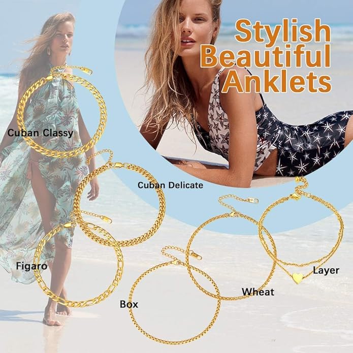 PROSTEEL Stainless Steel Chain Anklets for Women, Silver/Gold Tone, Ankle Bracelets Hypoallergenic, 8-10.5 Inch Adjustable, Come with Box