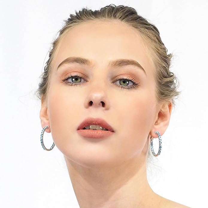 Hoop Earrings with 40 Colored Gemstones, Birthstone Earrings, 925 Sterling Silver Rhodium Plated, Push Back Closure, 1.18'