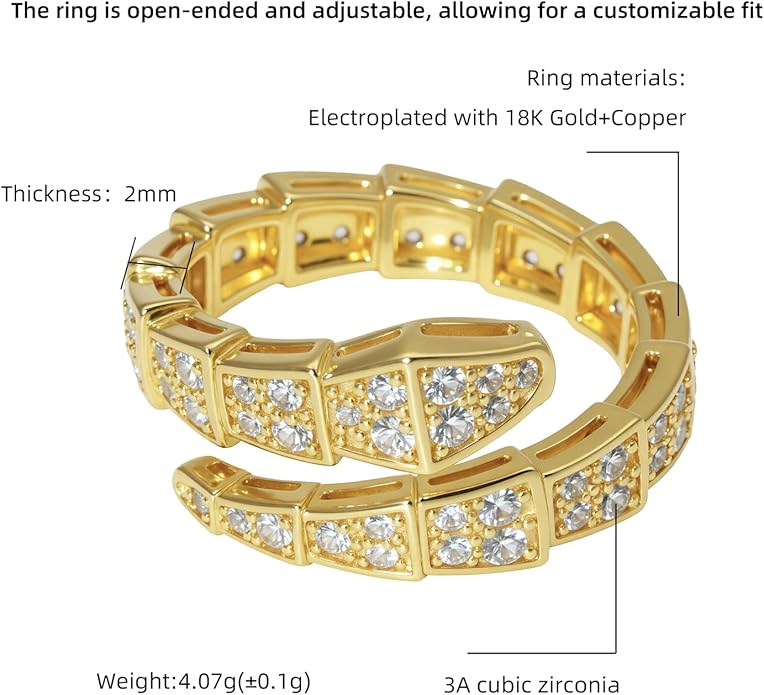 Aura & lrena Adjustable Snake Rings for Wome, 18K Gold or Platinum Plating Open-Ended Ring with AAA Cubic Zirconia Fashion Jewelry, Statement Gift Design Rings for Men and Women Non Tarnish