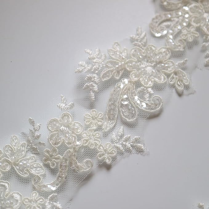 G-RUI 6cm*2yards Ivory White Luxury Beaded Embroidery Flower lace Appliques for Wedding Dresses Rhinestone Applique Patches Embroidery lace parches ropa (Off White Color)…