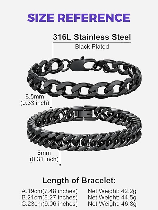 Richsteel 2PCS/3PCS Bracelets Chain for Men Women Stainless Steel Silver/Gold/Black Cuban/Rope Link Chain Bracelets Set, 7.4/8.2/9 Inch Hand Chain Length for Men Women Jewelry