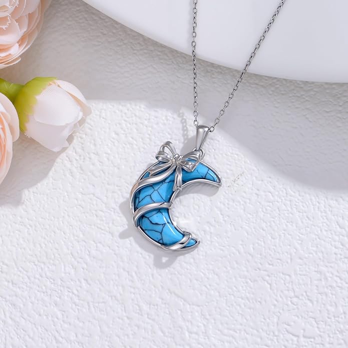SELKAT 925 Sterling Silver Turquoise Moon Pendant Necklace for Women, Snake/Flower/Bow/Tree of Life/Star Moon Necklace, Dainty Jewelry for Daily Wear & Gifts