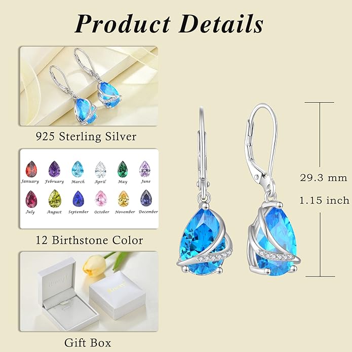 Birthstone Dangle Drop Earrings for Women 925 Sterling Silver Teardrop Leverback Earrings Jewelry Gifts for Wife Mother Her