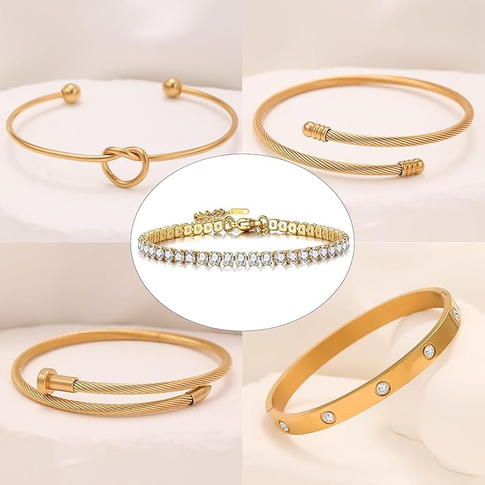 FAFUGA 18 K Gold Plated Love Bangle Bracelet Stack Cuff Jewelry for Women Jewelry Set for Women Gift with Box