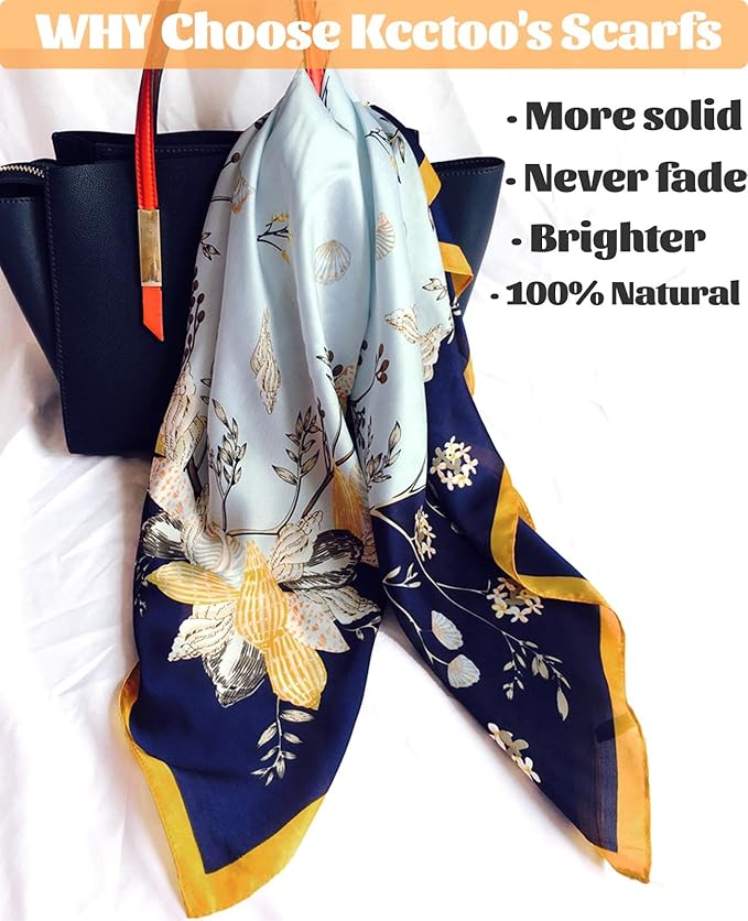 kcctoo 27.5" Mulberry Silk Feeling Head Scarf Women's Fashion Square Neck Satin Scarfs for Bag Hair Scarves Gift