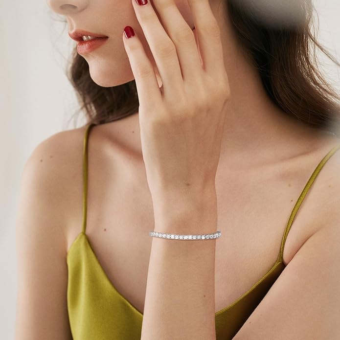 Moissanite Tennis Bracelet 1.52ct-7.76ct Adjustable Bracelet for Women 18K White Gold Plated S925 Sterling Silver Tennis Bracelet D Color VVS1 Round Cut 2/3/4mm Moissanite Bracelet Gifts for Wife/Mom