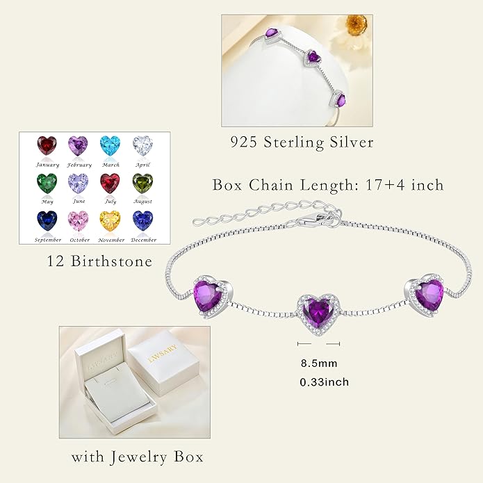 Love Heart Bracelet 925 Sterling Silver Halo Heart Birthstone Bracelet Jewelry Gifts for Women