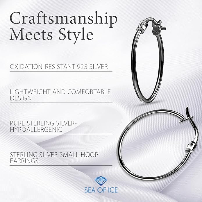 SEA OF ICE 925 Sterling Silver Hoop Earrings for Women - Hypoallergenic Earrings for Women in Sterling Silver, Yellow Gold, Rose Gold or Black Rhodium | Sizes 12MM, 15MM, 20MM or Multipack