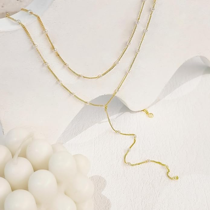 Luxval Lariat Silver Necklace for Women, Dainty Long Necklace Silver Y-Shaped Pendant Necklaces Trendy Beaded Chain Drop Necklaces Jewelry for Women Gifts