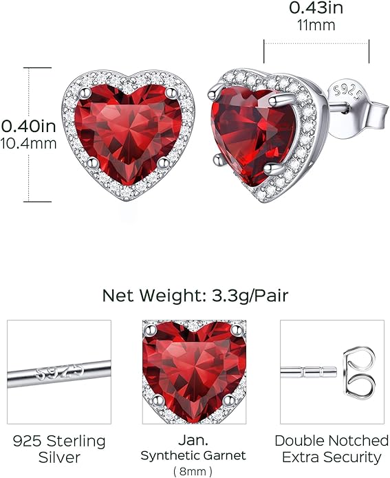 ChicSilver 925 Sterling Silver Birthstone Earrings for Women, 8MM/2 Carat Heart & Round Cubic Zirconia Stud Earrings, Hypoallergenic Jewelry, Ideal Birthday or Christmas Gifts