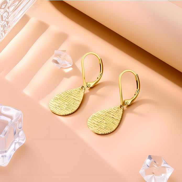 Sterling Silver Dangle Earrings for Women Trendy 14k Gold Dangle Drop Earrings Teardrop Hammered Leverback Earings for Women Jewelry Gifts