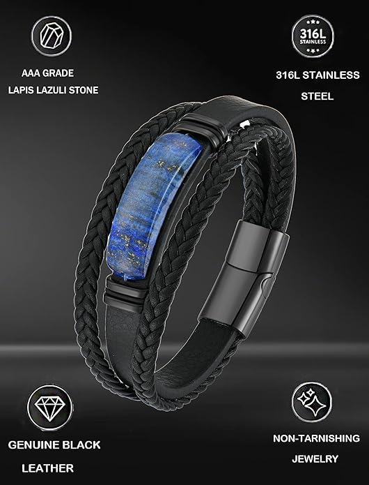 Lapis Lazuli Bracelets for Men Leather Black Bracelet